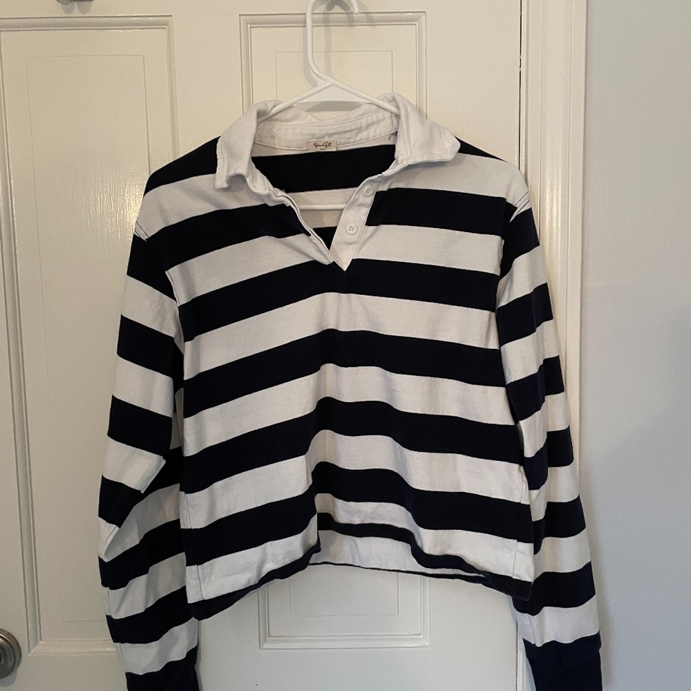 John Craft Navy and White Stripped Collared Top